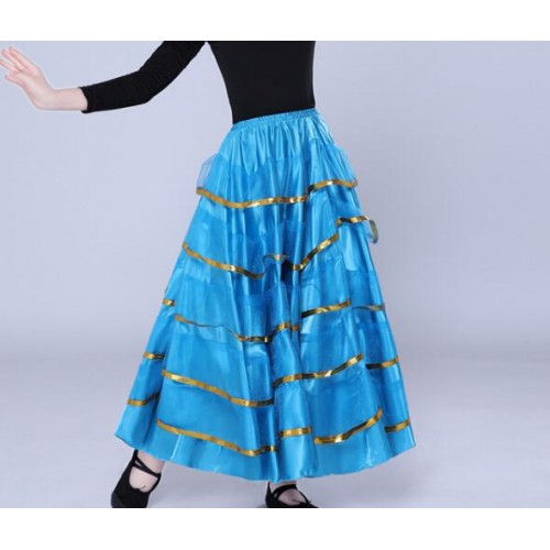 Turquoise blue Flamenco skirts for kids girls stage performance spanish bull ballroom dance skirts 